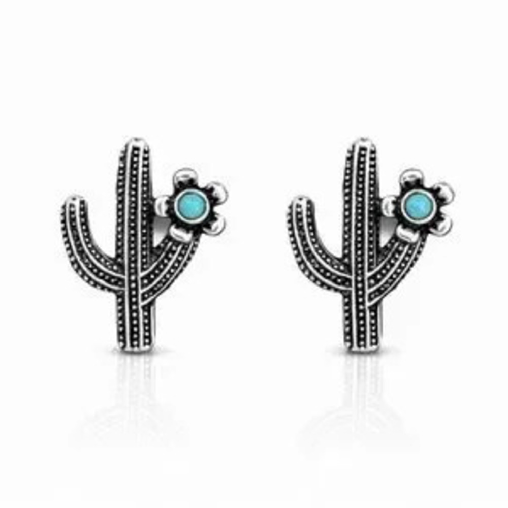 Western Silver Textured Cactus Earrings with Turquoise Accent